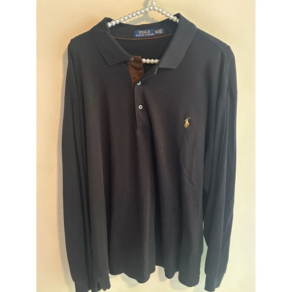 Polo Ralph Lauren Long Sleeve Polo Shirt XLT Black Brown Trim